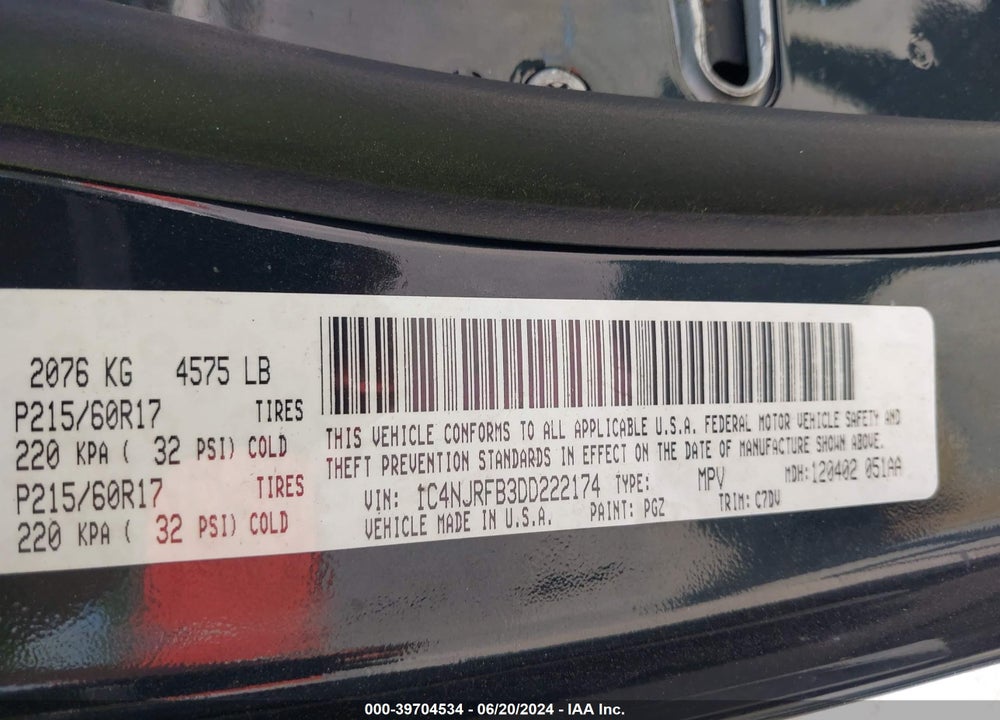 2013 JEEP PATRIOT LATITUDE VIN: 1C4NJRFB3DD222174