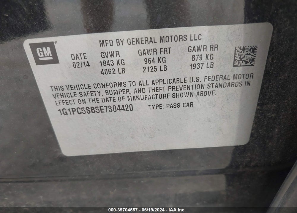 2014 CHEVROLET CRUZE 1LT AUTO VIN: 1G1PC5SB5E7304420