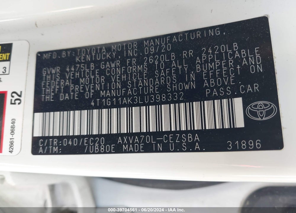 2020 TOYOTA CAMRY SE NIGHTSHADE EDITION VIN: 4T1G11AK3LU398332