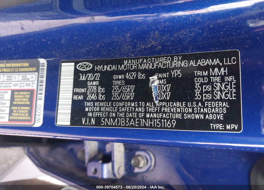 2022 HYUNDAI TUCSON SEL VIN: 5NMJB3AE1NH151169