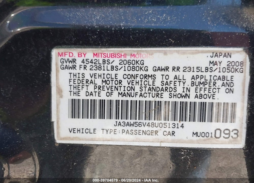 2008 MITSUBISHI LANCER EVOLUTION VIN: JA3AW56V48U051314
