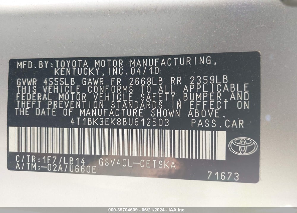 2011 TOYOTA CAMRY SE V6 VIN: 4T1BK3EK8BU612503