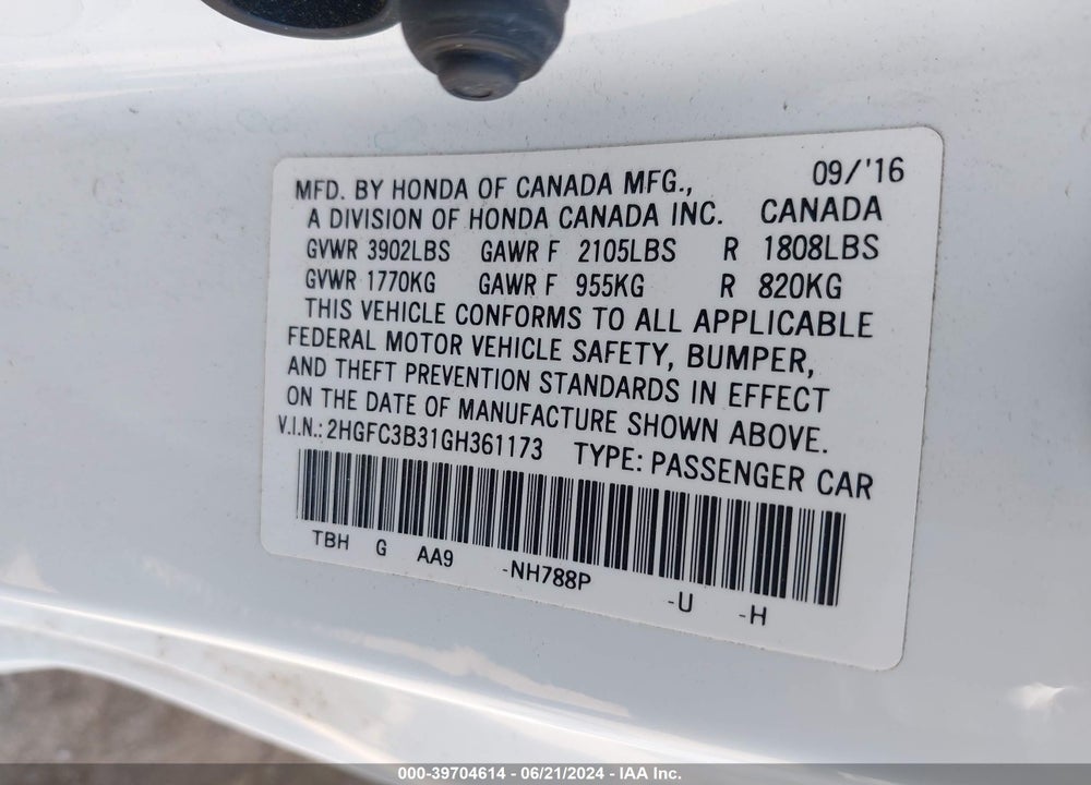 2016 HONDA CIVIC EX-T VIN: 2HGFC3B31GH361173