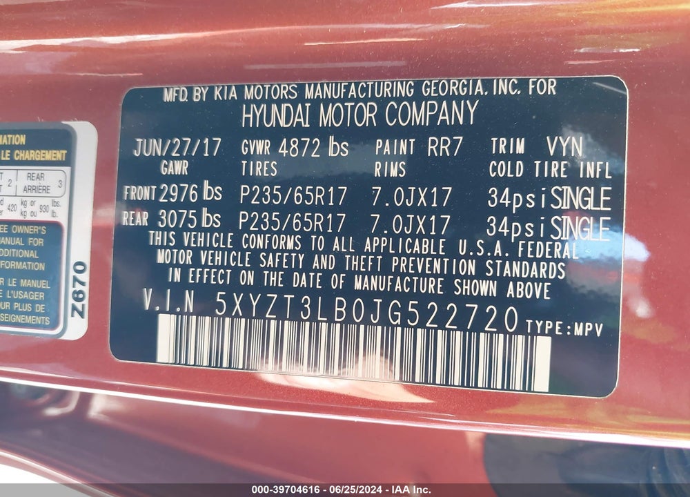 2018 HYUNDAI SANTA FE SPORT 2.4L VIN: 5XYZT3LB0JG522720