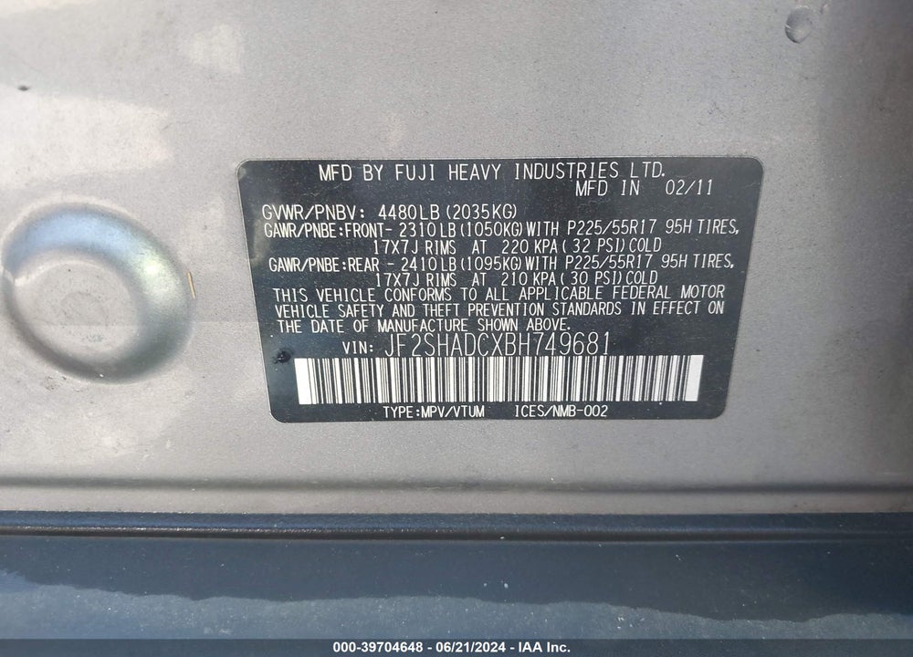 2011 SUBARU FORESTER 2.5X PREMIUM VIN: JF2SHADCXBH749681