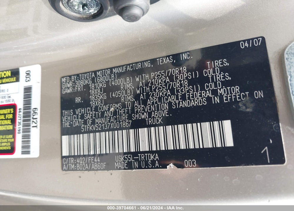 2007 TOYOTA TUNDRA BASE 5.7L V8 VIN: 5TFKV52137X001867