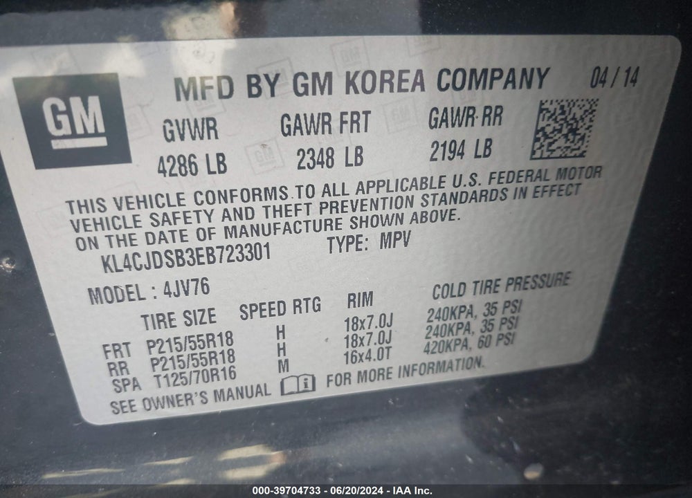 2014 BUICK ENCORE PREMIUM VIN: KL4CJDSB3EB723301