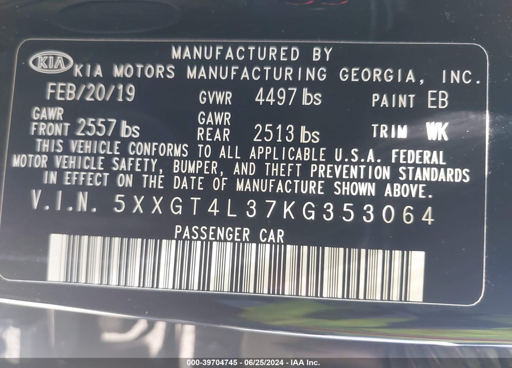 2019 KIA OPTIMA LX VIN: 5XXGT4L37KG353064