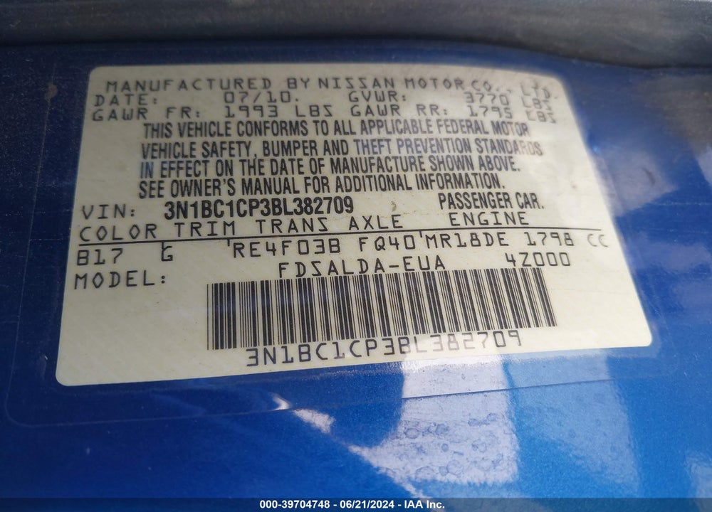 2011 NISSAN VERSA 1.8S VIN: 3N1BC1CP3BL382709