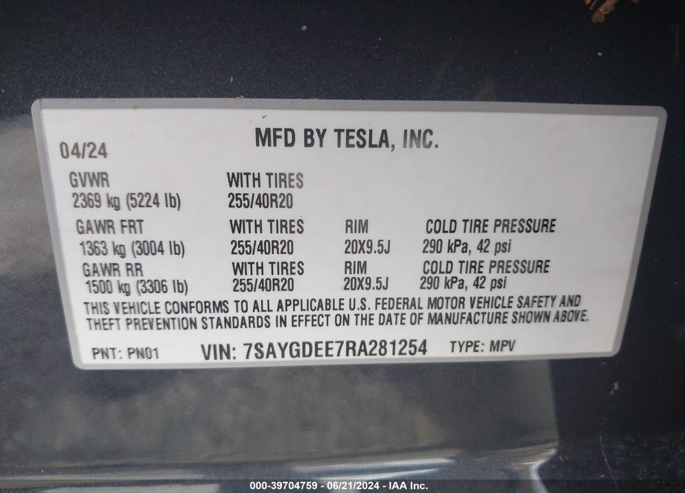 2024 TESLA MODEL Y LONG RANGE DUAL MOTOR ALL-WHEEL DRIVE VIN: 7SAYGDEE7RA281254