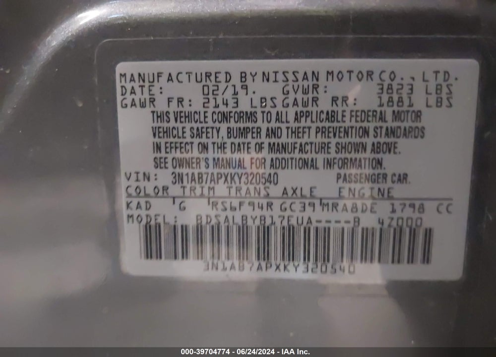 2019 NISSAN SENTRA S VIN: 3N1AB7APXKY320540