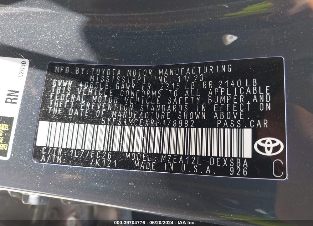 2024 TOYOTA COROLLA SE VIN: 5YFS4MCEXRP178982
