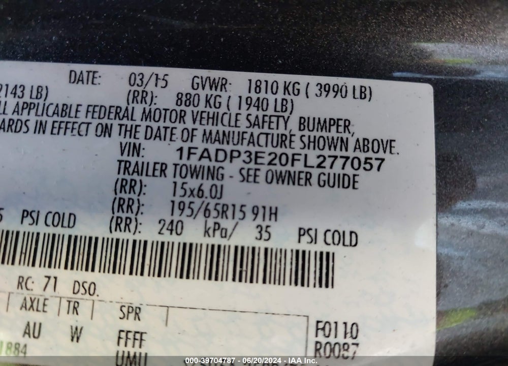 2015 FORD FOCUS S VIN: 1FADP3E20FL277057