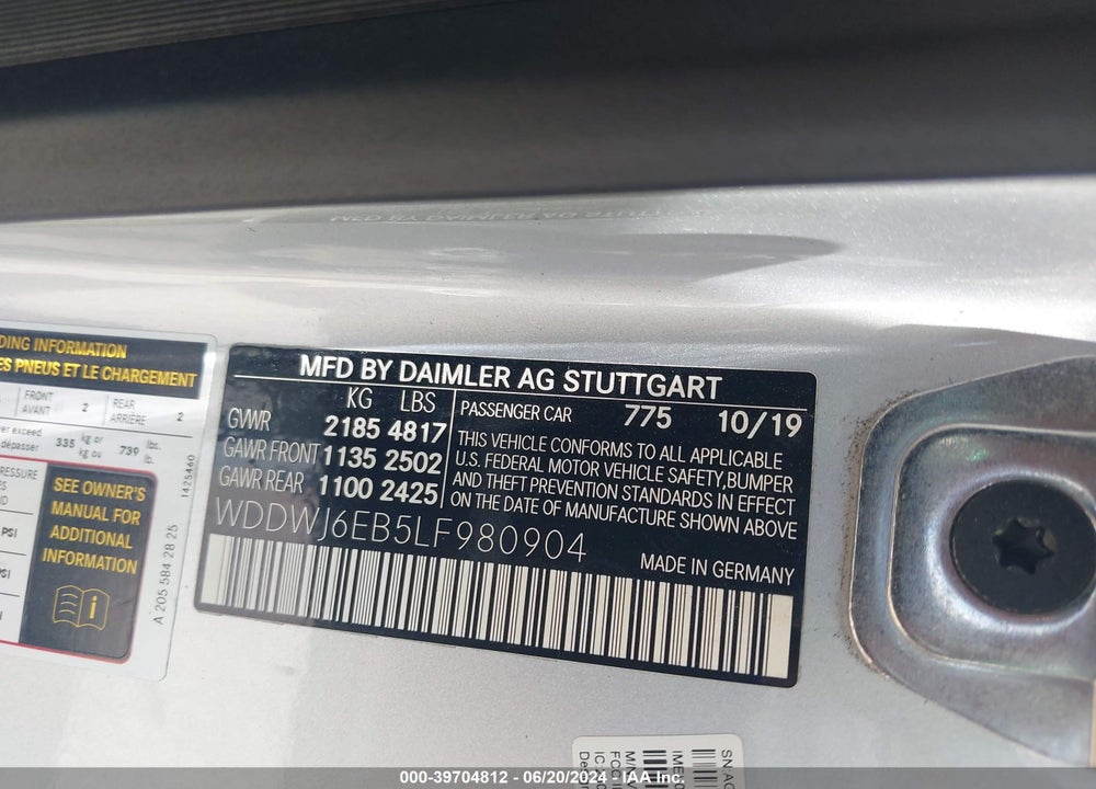 2020 MERCEDES-BENZ AMG C 43 4MATIC VIN: WDDWJ6EB5LF980904