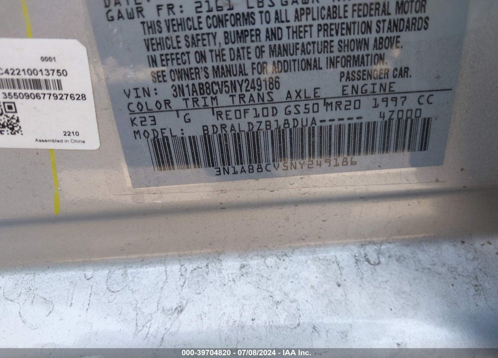 2022 NISSAN SENTRA SV XTRONIC CVT VIN: 3N1AB8CV5NY249186