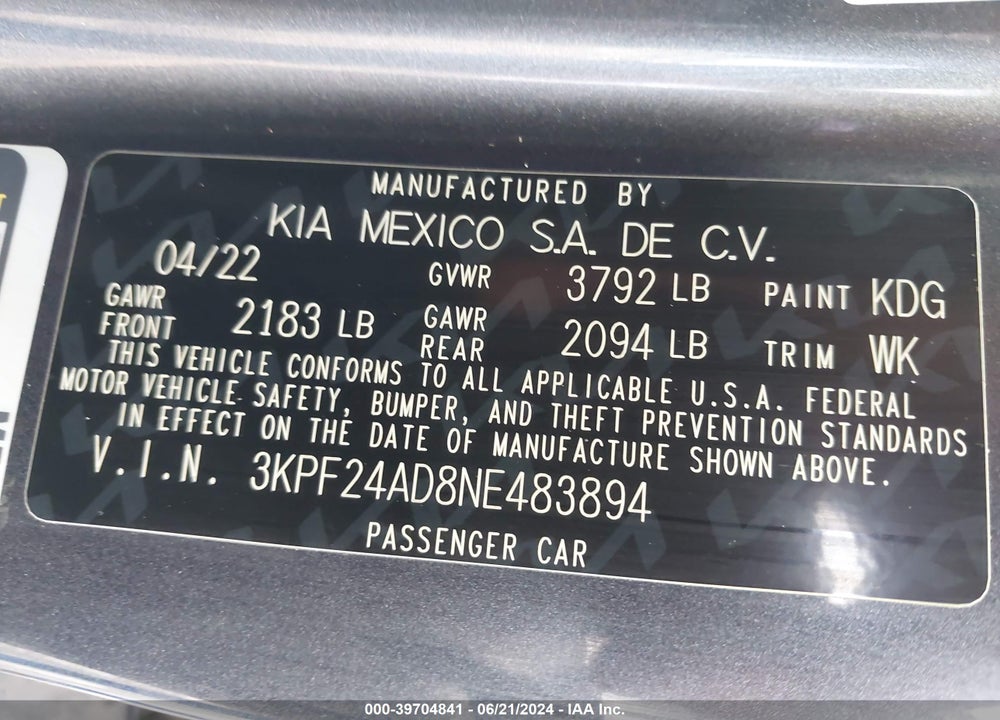 2022 KIA FORTE VIN: 3KPF24AD8NE483894