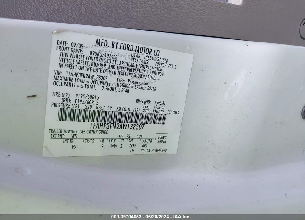 2010 FORD FOCUS SE VIN: 1FAHP3FN2AW138307