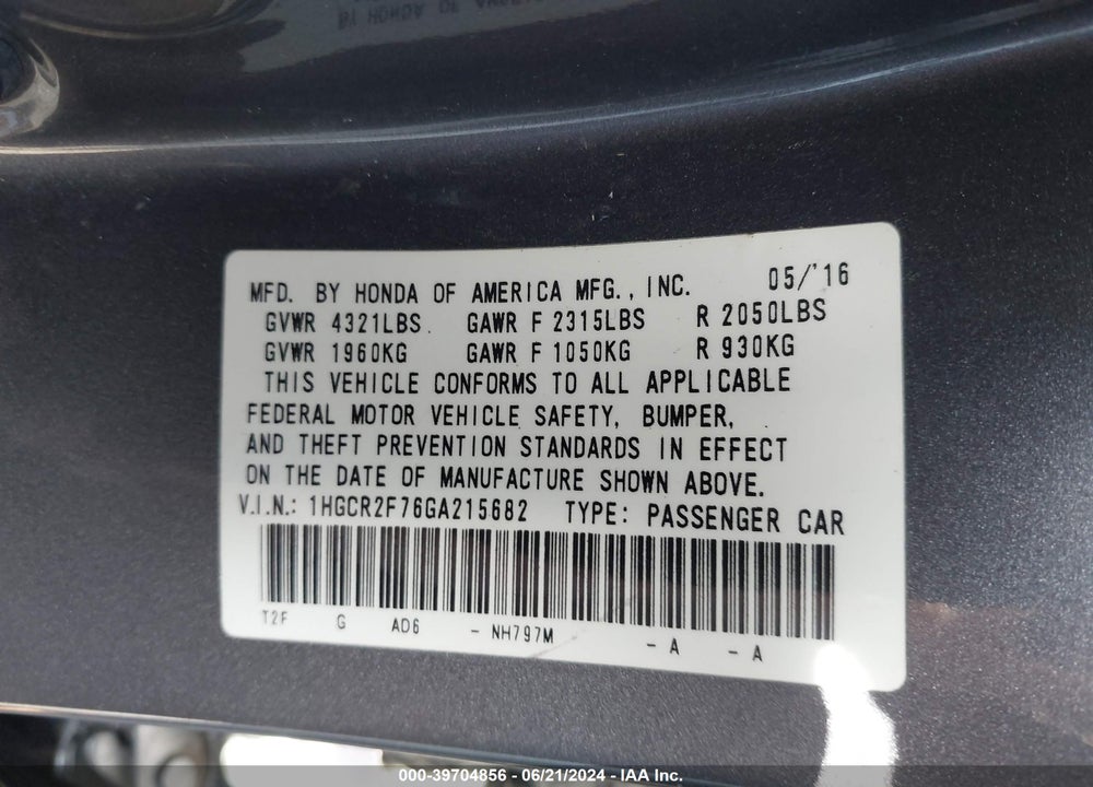 2016 HONDA ACCORD EX VIN: 1HGCR2F76GA215682