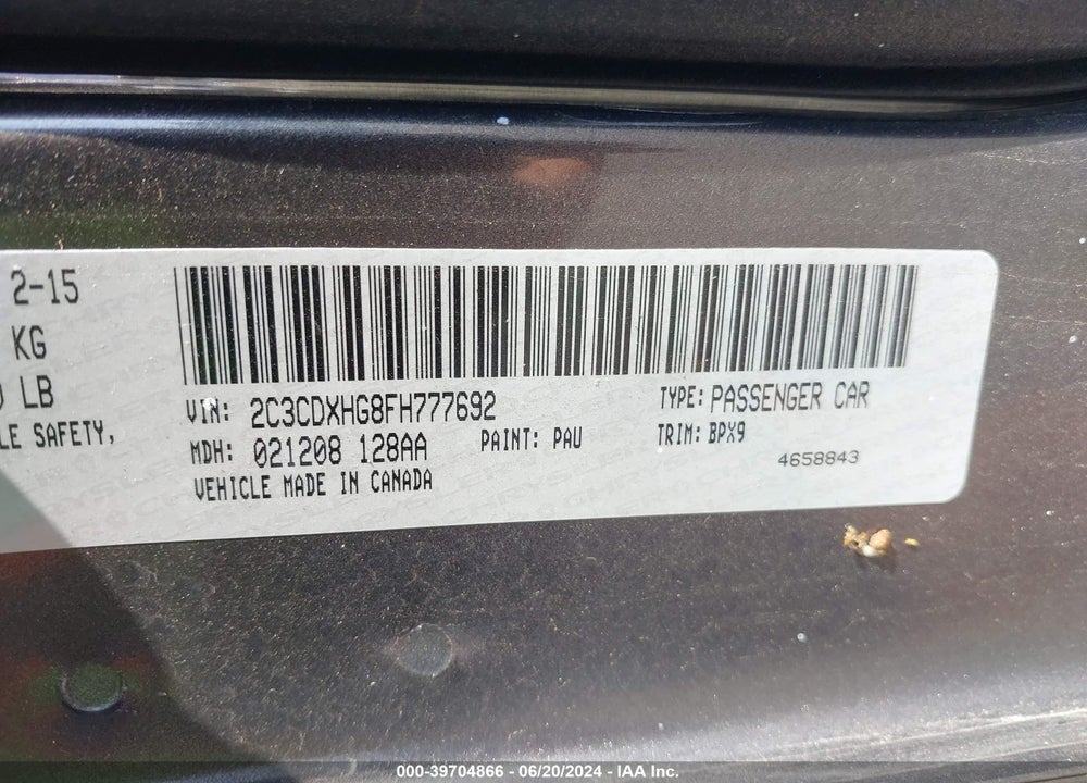 2015 DODGE CHARGER SXT VIN: 2C3CDXHG8FH777692