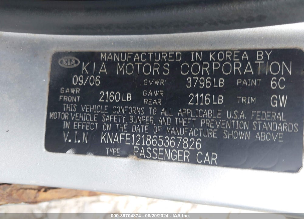 2006 KIA SPECTRA EX/LX/SX VIN: KNAFE121865367826