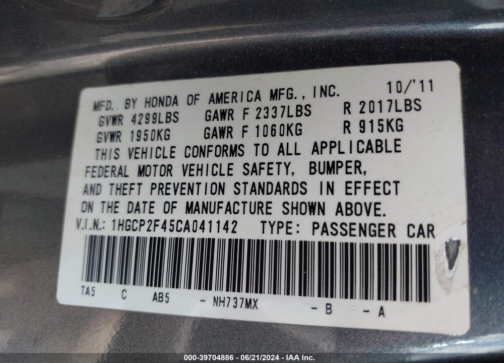 2012 HONDA ACCORD 2.4 LX-P VIN: 1HGCP2F45CA041142