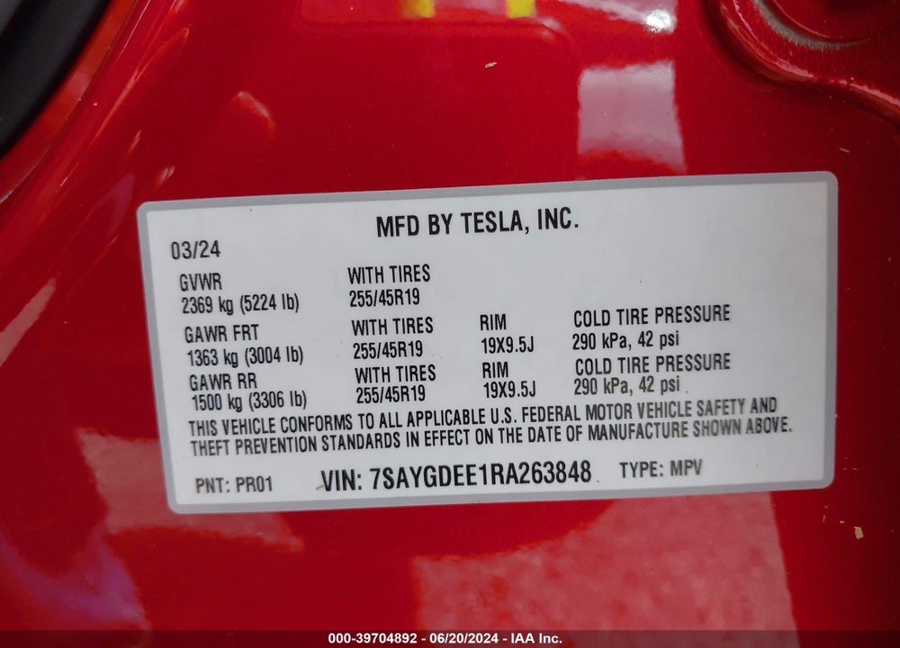 2024 TESLA MODEL Y LONG RANGE DUAL MOTOR ALL-WHEEL DRIVE VIN: 7SAYGDEE1RA263848
