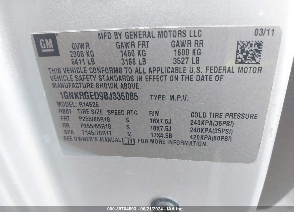 2011 CHEVROLET TRAVERSE 1LT VIN: 1GNKRGED9BJ335085