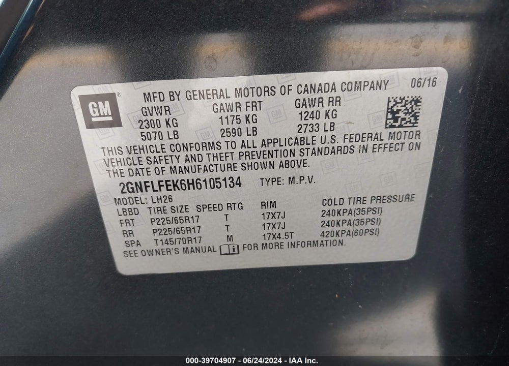 2017 CHEVROLET EQUINOX LT VIN: 2GNFLFEK6H6105134