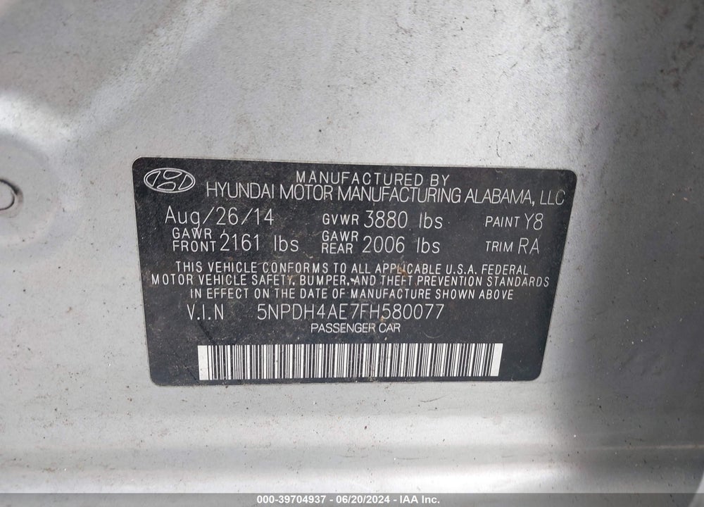 2015 HYUNDAI ELANTRA SE VIN: 5NPDH4AE7FH580077