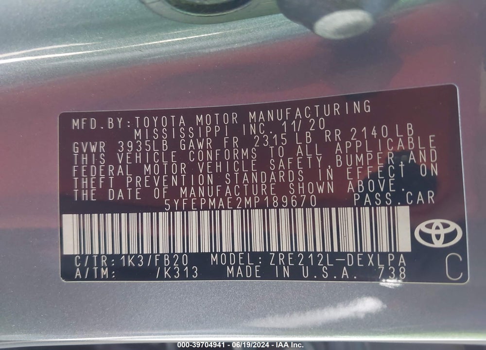 2021 TOYOTA COROLLA LE VIN: 5YFEPMAE2MP189670