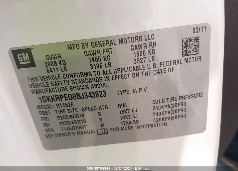 2011 GMC ACADIA SLE VIN: 1GKKRPED8BJ343823