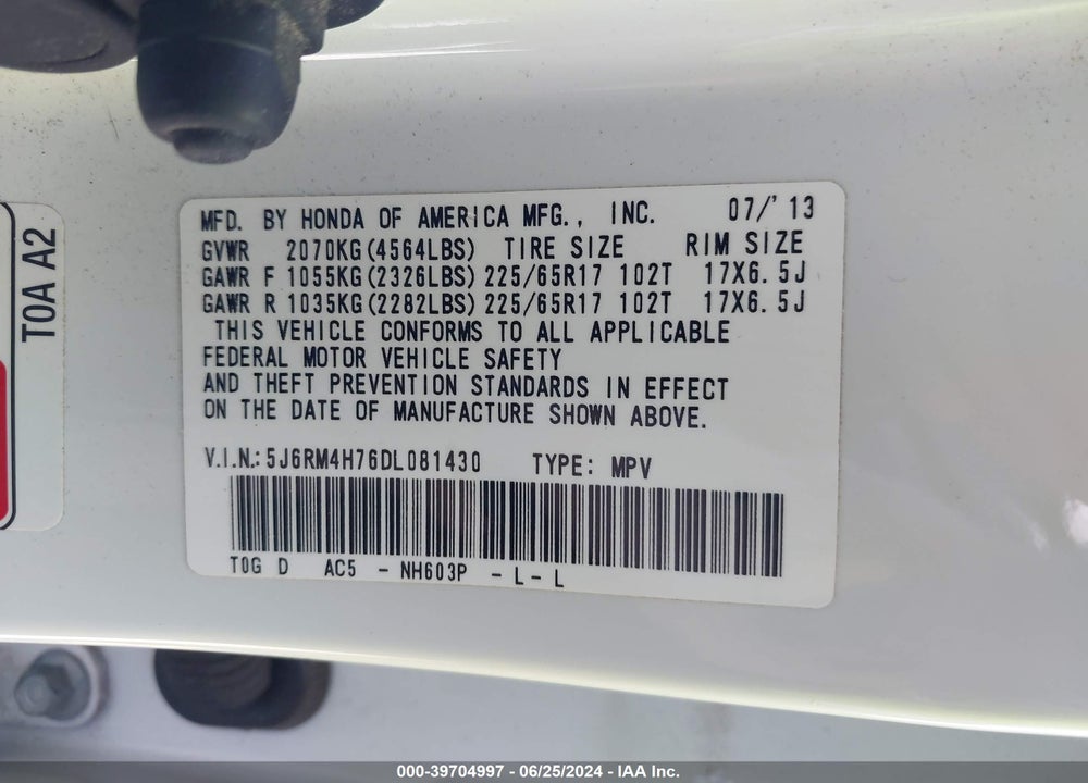 2013 HONDA CR-V EX-L VIN: 5J6RM4H76DL081430