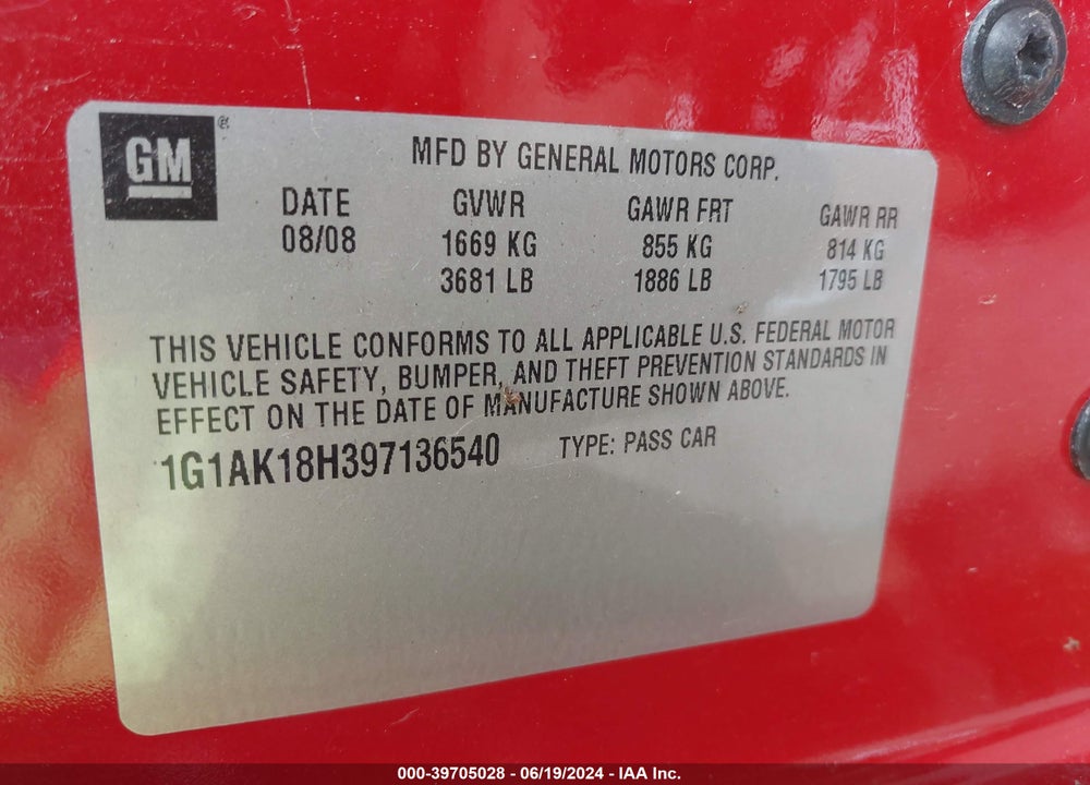 2009 CHEVROLET COBALT VIN: 1G1AK18H397136540