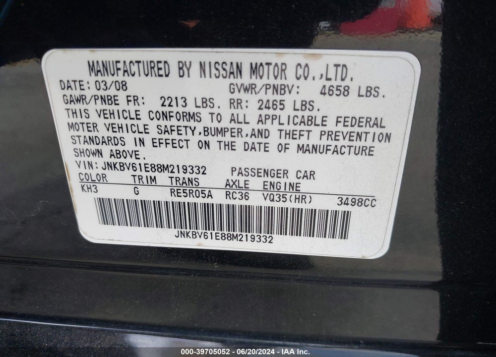 2008 INFINITI G35 JOURNEY VIN: JNKBV61E88M219332