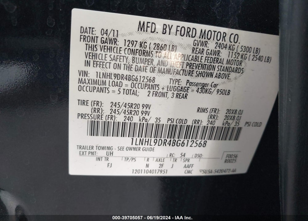 2011 LINCOLN MKS VIN: 1LNHL9DR4BG612568