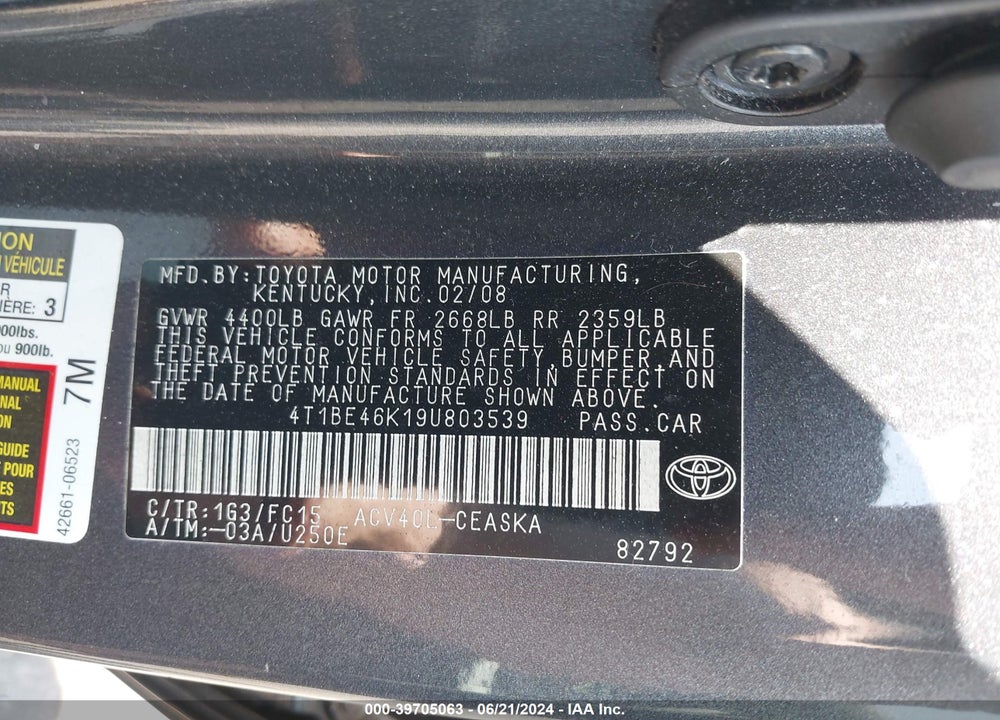2009 TOYOTA CAMRY SE VIN: 4T1BE46K19U803539