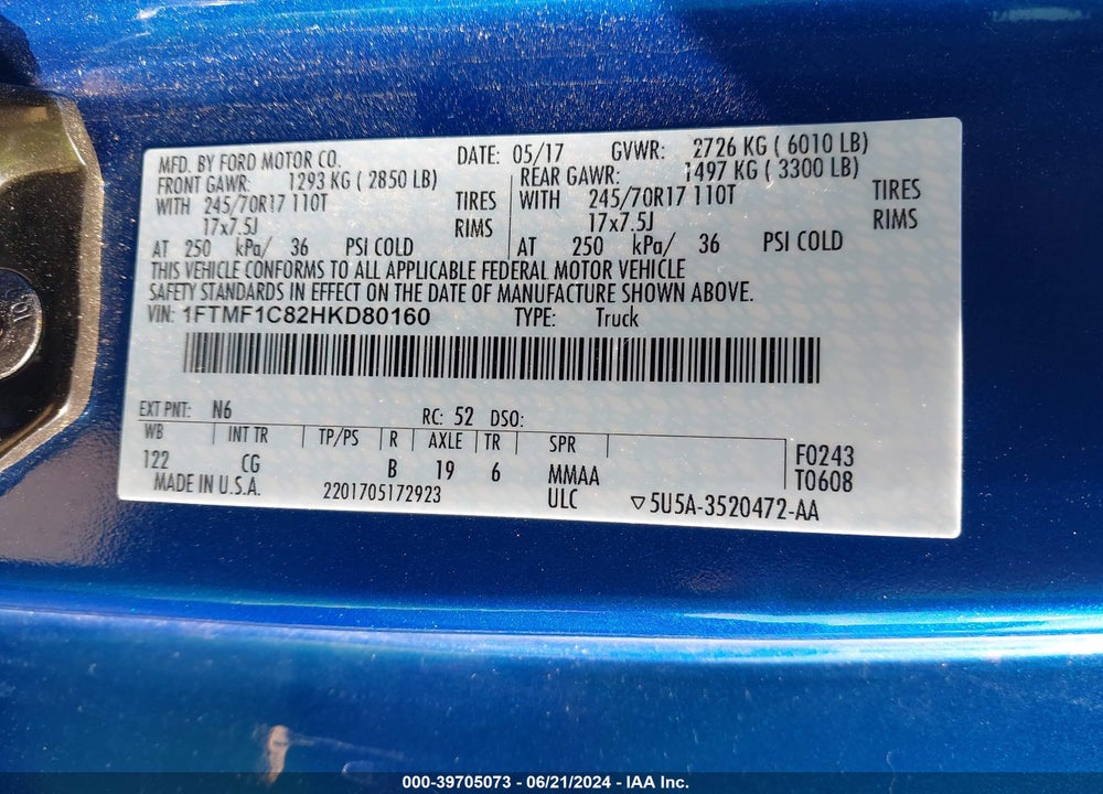 2017 FORD F-150 XL VIN: 1FTMF1C82HKD80160