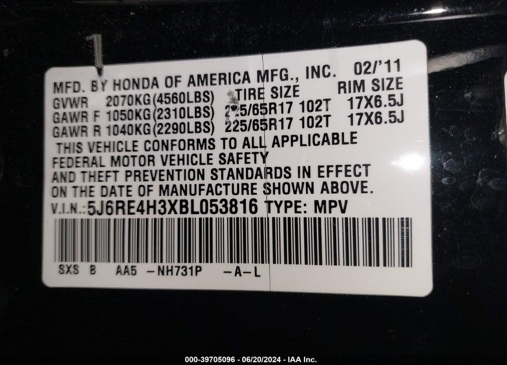 2011 HONDA CR-V LX VIN: 5J6RE4H3XBL053816