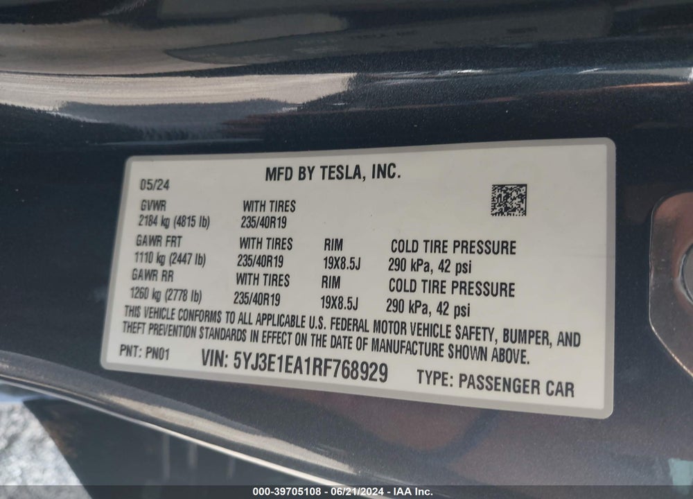 2024 TESLA MODEL 3 REAR-WHEEL DRIVE VIN: 5YJ3E1EA1RF768929