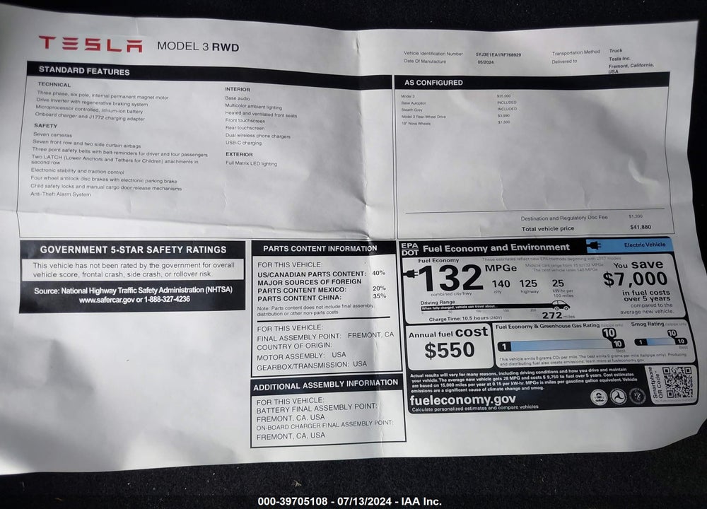 2024 TESLA MODEL 3 REAR-WHEEL DRIVE VIN: 5YJ3E1EA1RF768929