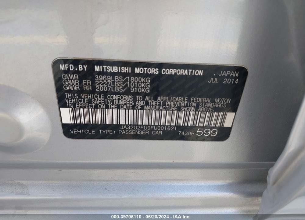 2015 MITSUBISHI LANCER ES VIN: JA32U2FU9FU001621