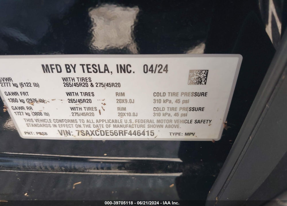 2024 TESLA MODEL X LONG RANGE VIN: 7SAXCDE56RF446415
