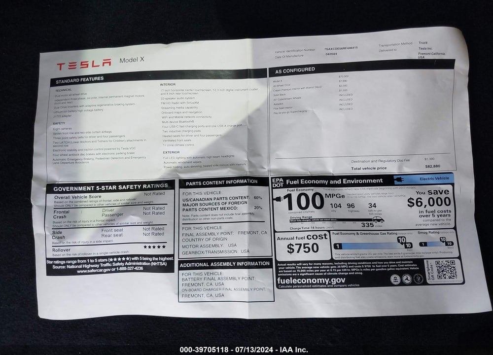 2024 TESLA MODEL X LONG RANGE VIN: 7SAXCDE56RF446415