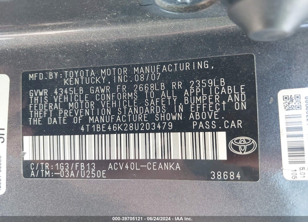 2008 TOYOTA CAMRY LE VIN: 4T1BE46K28U203479