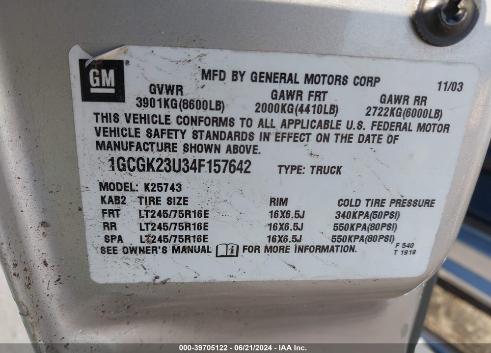 2004 CHEVROLET SILVERADO 2500 LS VIN: 1GCGK23U34F157642
