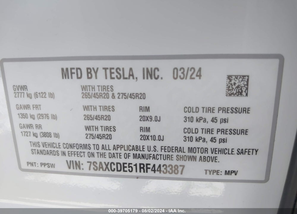 2024 TESLA MODEL X LONG RANGE VIN: 7SAXCDE51RF443387