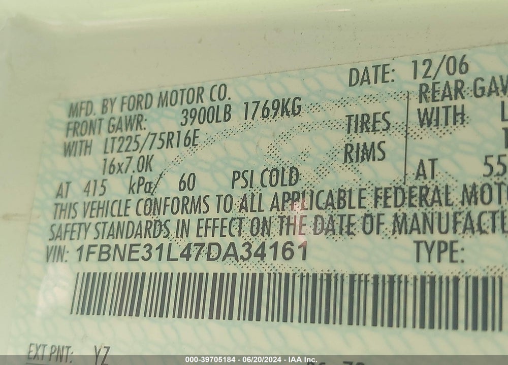 2007 FORD E-350 SUPER DUTY XL/XLT VIN: 1FBNE31L47DA34161