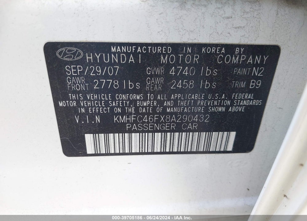 2008 HYUNDAI AZERA LIMITED VIN: KMHFC46FX8A290432