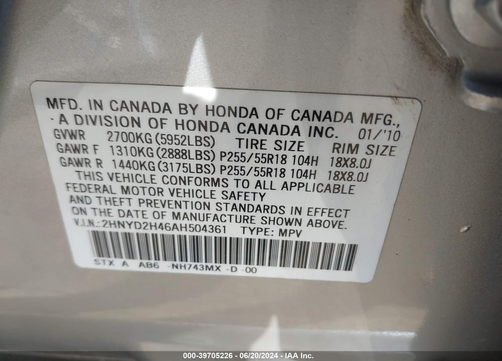 2010 ACURA MDX TECHNOLOGY PACKAGE VIN: 2HNYD2H46AH504361