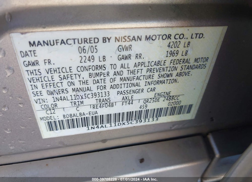 2005 NISSAN ALTIMA 2.5 S VIN: 1N4AL11DX5C393133